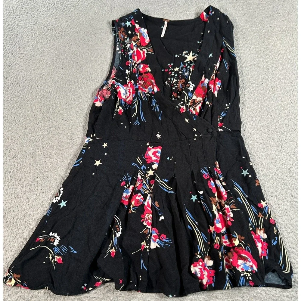 Free People Back to Basic Blouse Women's Small Black Floral Wrap Tunic Top Boho